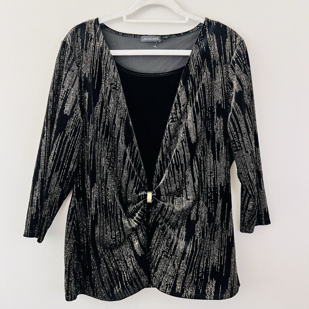 Vintage Notations Black & Gold Metallic Shimmery Velvet Party Blouse -Size Large